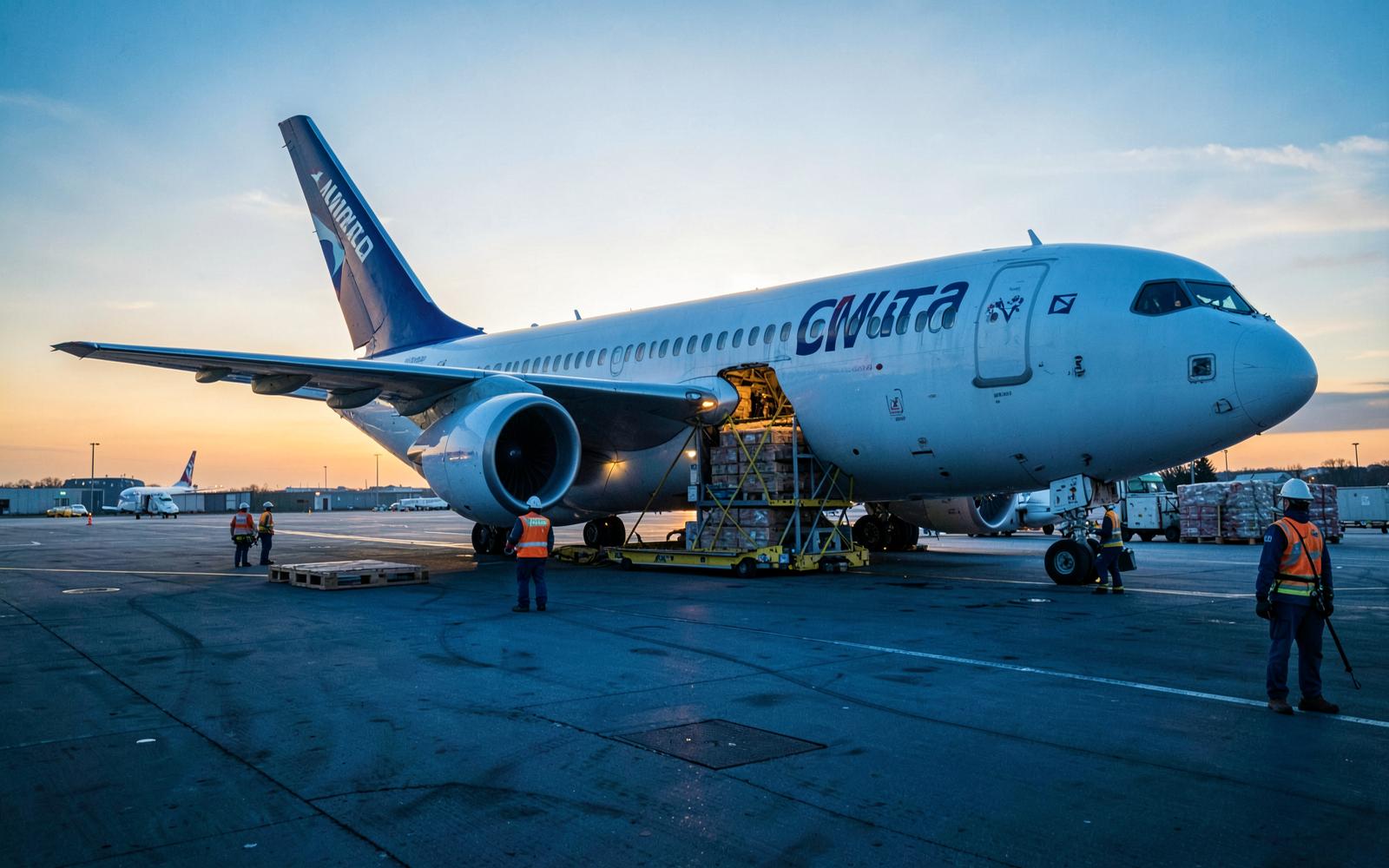 Wide-body cargo aircraft being loaded at dawn